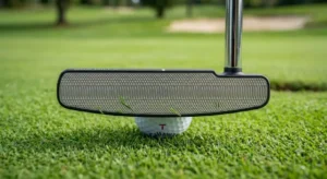 Primo piano della faccia fresata di un putter da golf per un rotolo della pallina ottimale