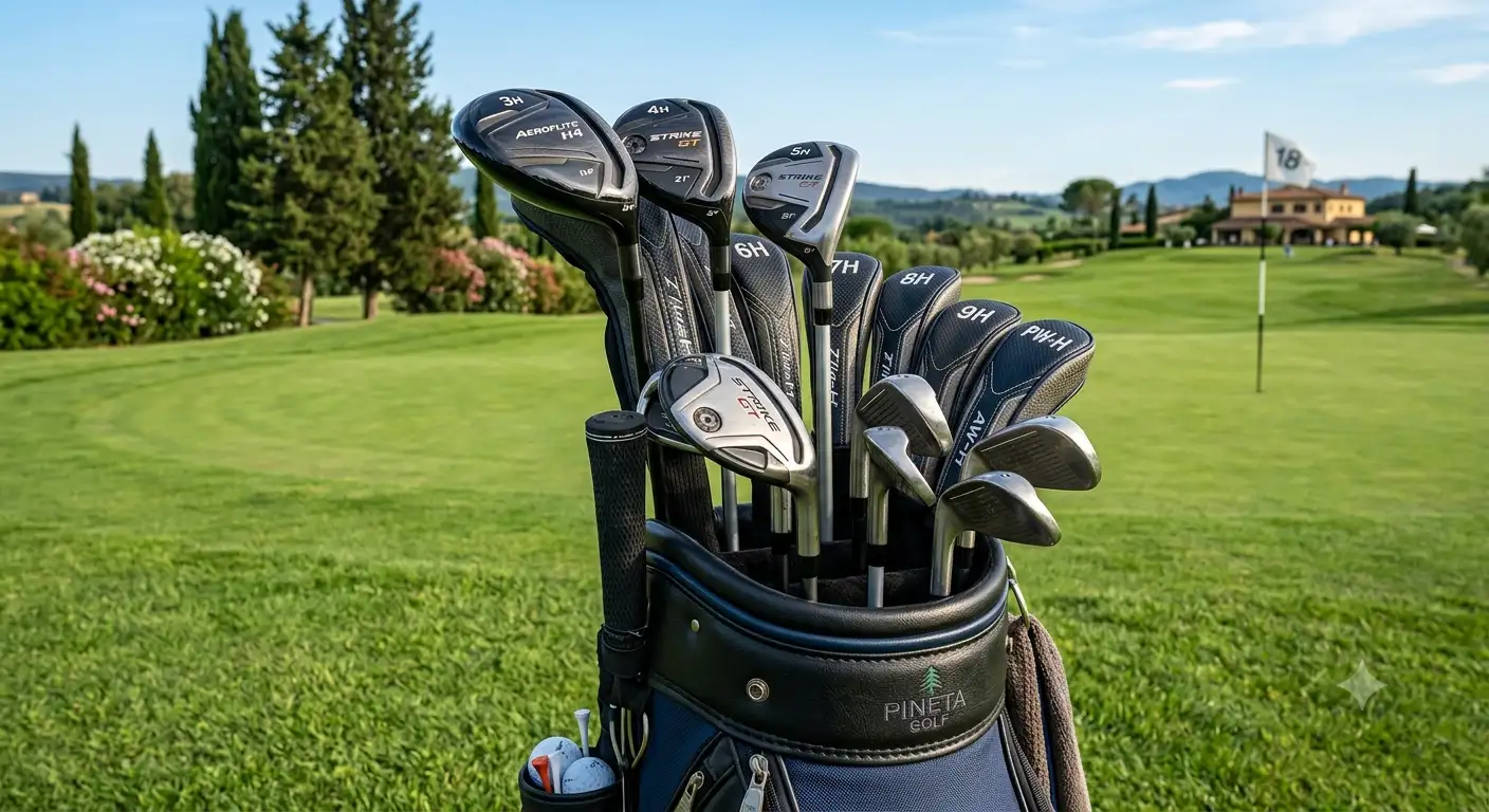 Set di ibridi da golf posizionati all'interno di una sacca da golf sul campo da gioco