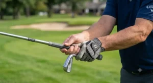 Dettaglio della corretta impugnatura delle mani sul grip di un ferro da golf prima dello swing