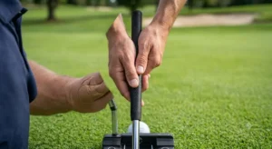Illustrazione dettagliata della corretta impugnatura delle mani su un putter da golf
