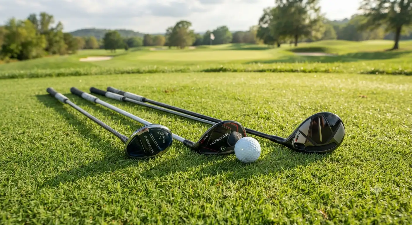 Set di legni da fairway disposti sul prato di un campo da golf pronti per il colpo