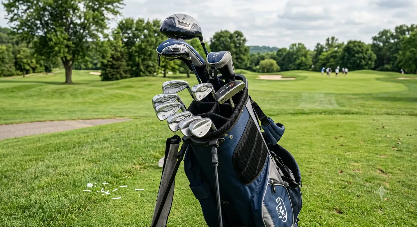 Set di mazze da golf a meno di 200 euro per principianti disposte nella sacca da golf su campo erboso