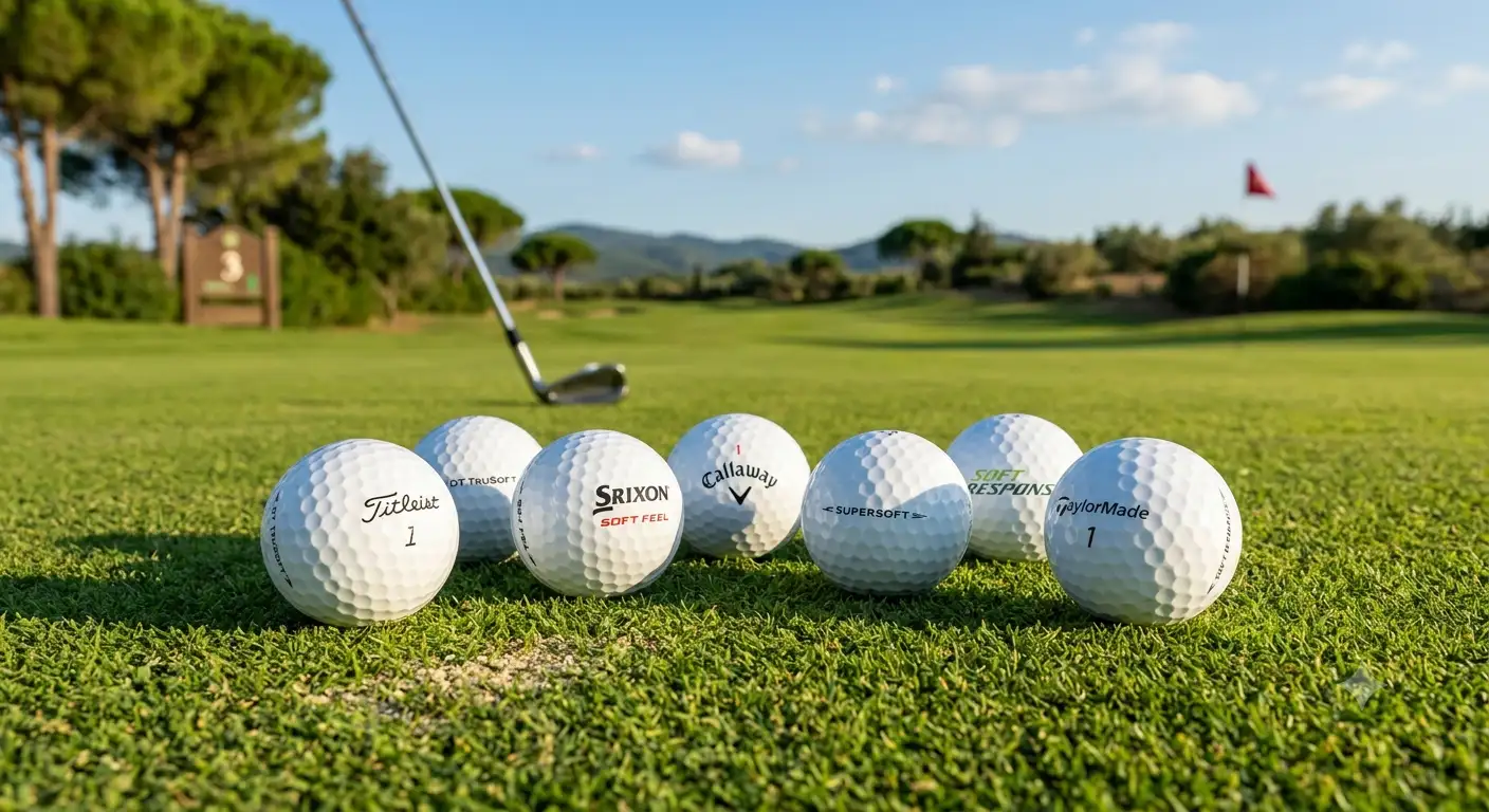 Selezione delle migliori palline da golf per principianti disposte su prato verde