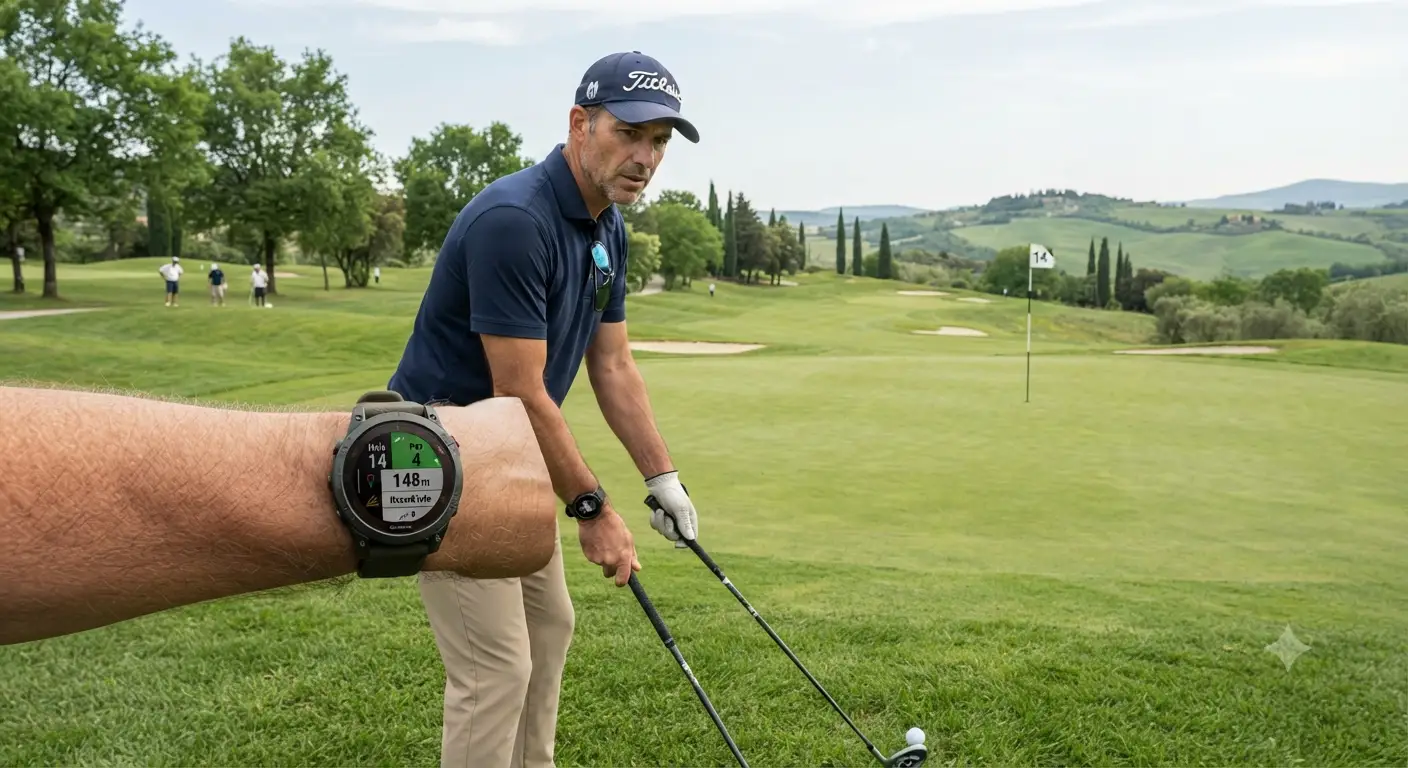 Golfer che indossa un orologio GPS da golf sul campo da 18 buche durante una partita.