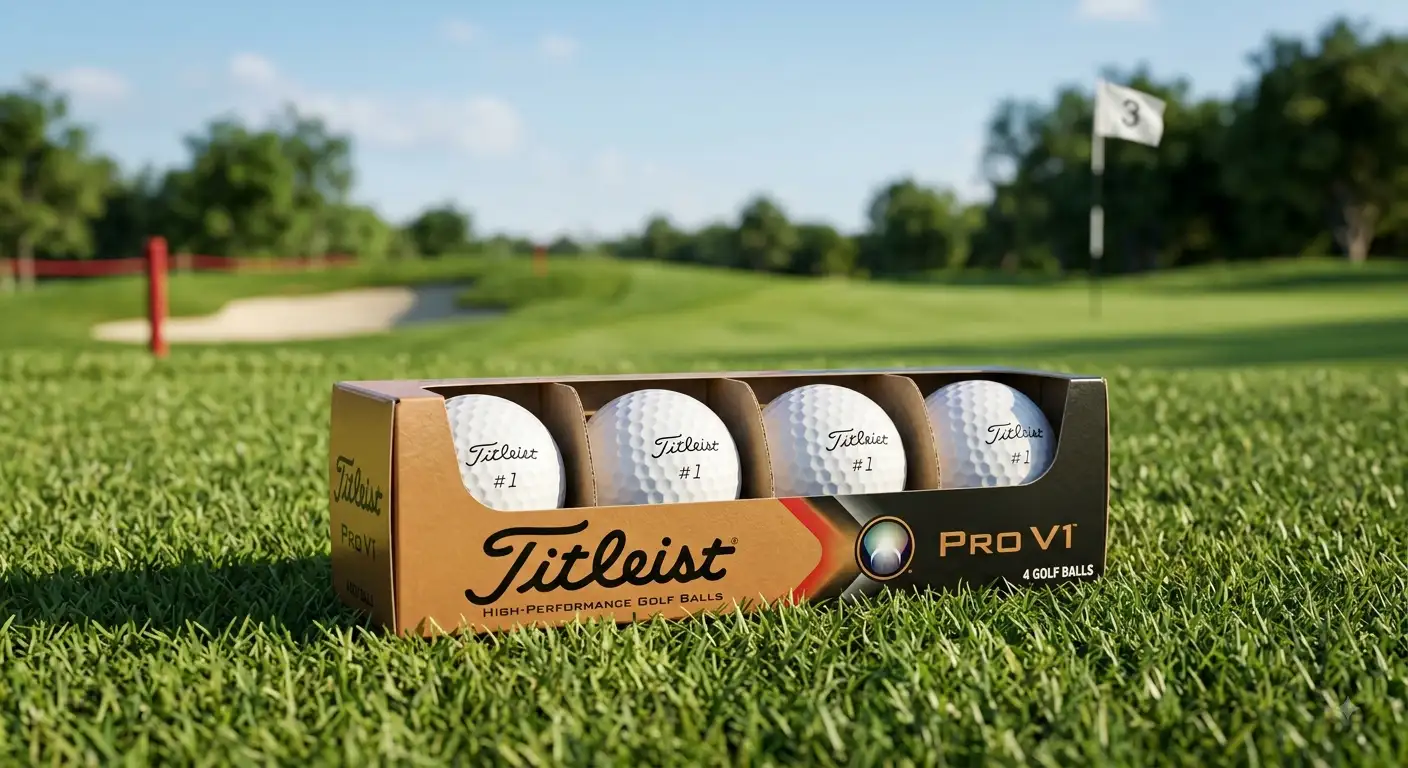 Confezione da quattro palline Titleist Pro V1 ad alte prestazioni appoggiate sull'erba da golf.