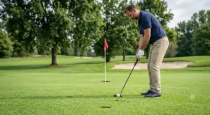 Postura corretta e posizione di address di un giocatore con putter da golf sul green