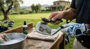 Guida visiva alla pulizia e manutenzione delle scanalature dei ferri da golf dopo una partita