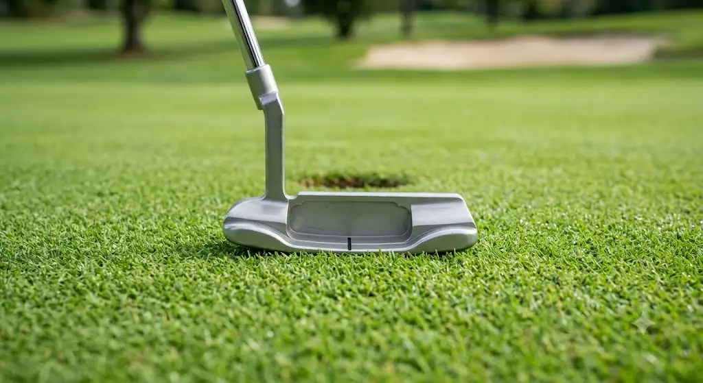 Illustrazione di un putter da golf stile blade classico poggiato sul green