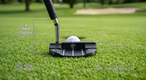Disegno tecnico di un putter da golf modello mallet ad alta tolleranza con linee di mira