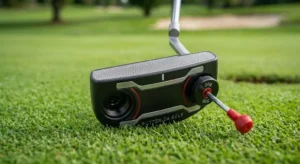 Dettaglio dei pesi regolabili sulla testa di un putter da golf moderno