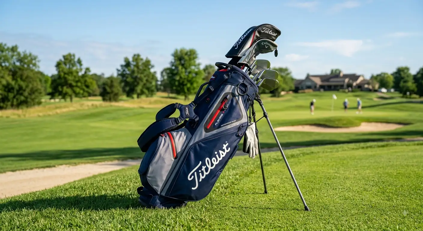 Una sacca da golf stand bag di colore nero e rosso, con cavalletto esteso, posizionata su un campo da golf soleggiato con mazze visibili.