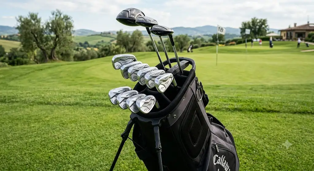 Set completo di ferri da golf disposti ordinatamente in una sacca professionale su un campo verde