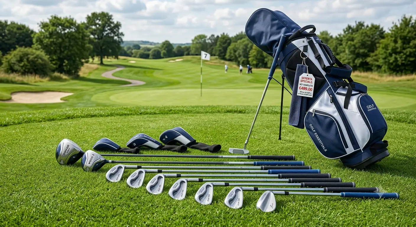 Set completo di mazze da golf a meno di 500 euro disposto sull'erba di un campo da golf.