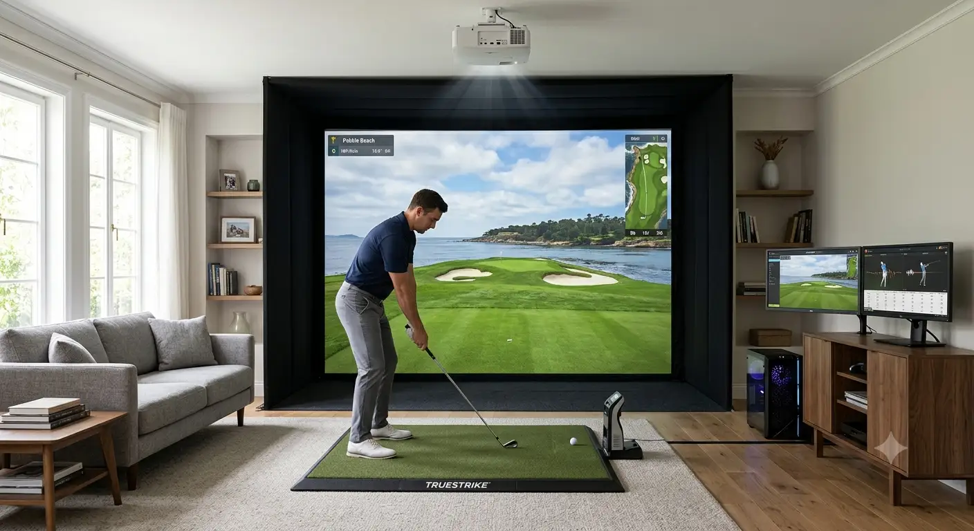 Installazione di un simulatore da golf per casa nel salotto con schermo d'impatto e proiettore