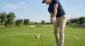 Giocatore di golf nell istante dell impatto con la pallina utilizzando un ferro da golf sul fairway