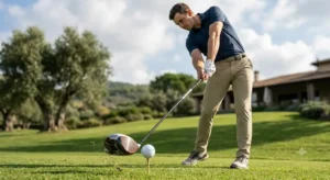 Golfista durante l'impatto con la palla da golf utilizzando un driver TaylorMade