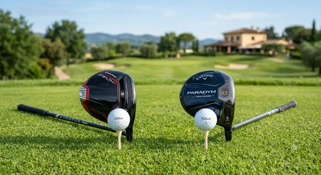Confronto diretto tra un driver TaylorMade e un driver Callaway posizionati sul tee di partenza.