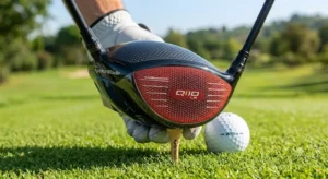 Dettaglio ravvicinato della testa di un driver TaylorMade con struttura in carbonio e profilo aerodinamico.