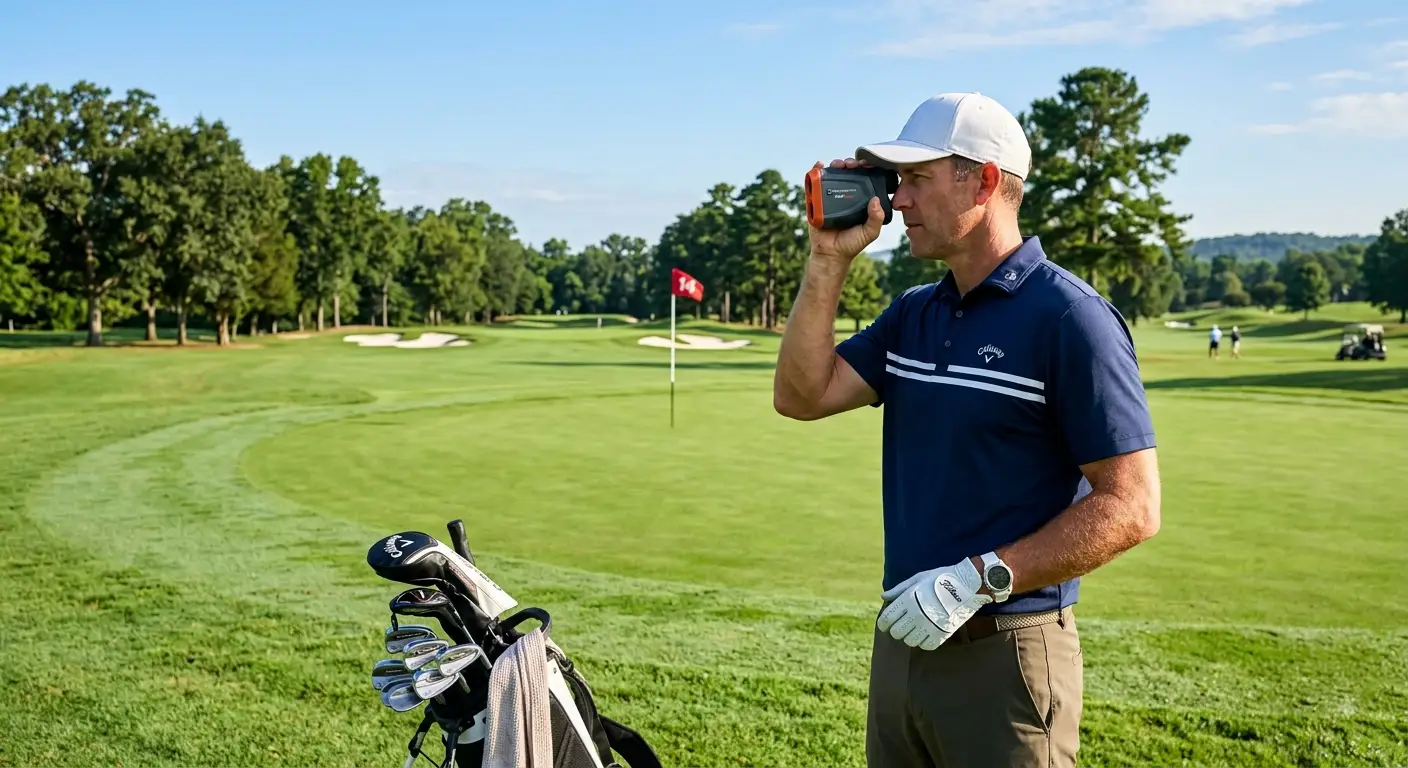 Un telemetro laser da golf professionale impugnato su un campo verde durante una giornata soleggiata