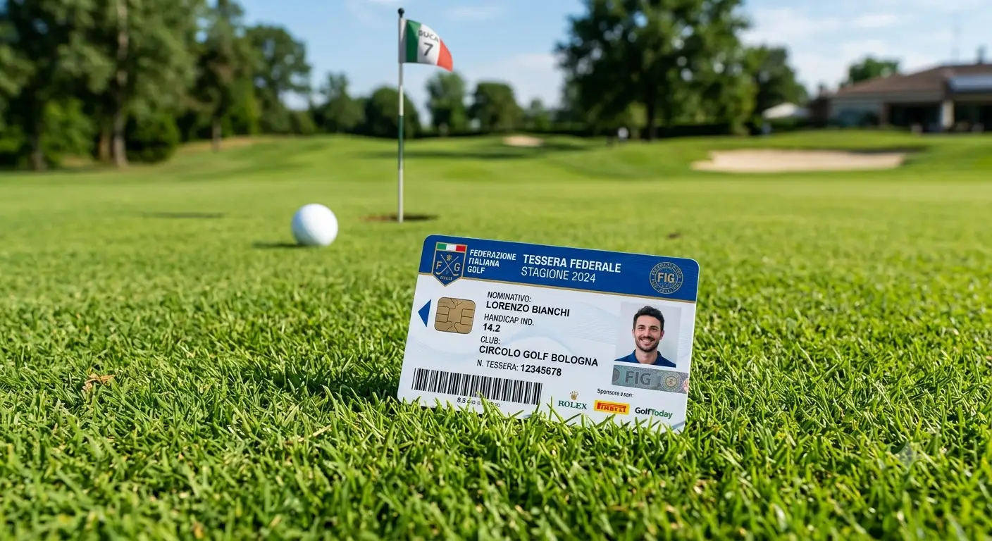 Tessera FIG della Federazione Italiana Golf appoggiata su un campo da gioco verde