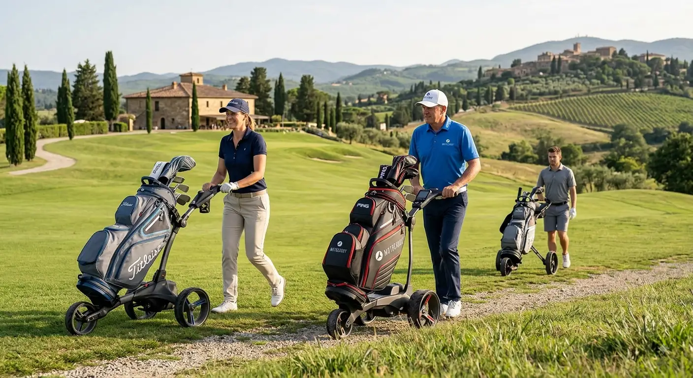 Un golfista confronta un carrello manuale e un trolley elettrico da golf su un percorso collinare in Italia, con borsa e attrezzatura completa