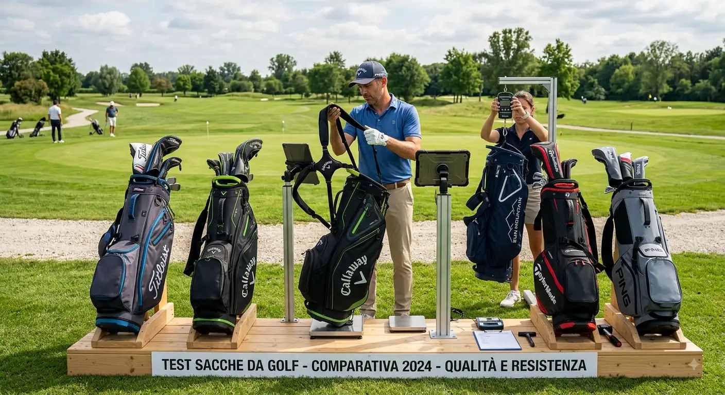 Diverse sacche da golf professionali analizzate e pesate su una piattaforma di test sul campo da golf
