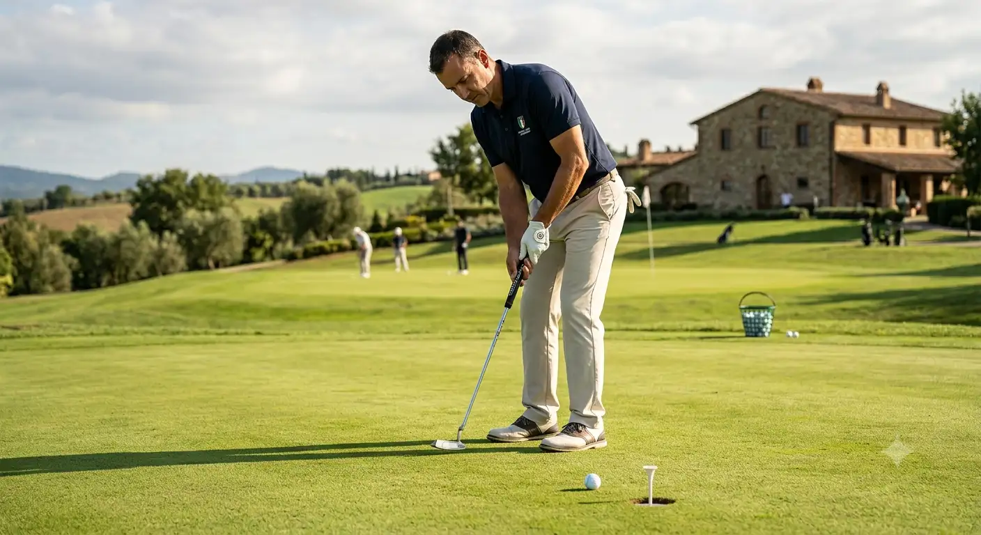 Giocatore di golf esegue un test putter da golf sul green di pratica per valutare la traiettoria della pallina.