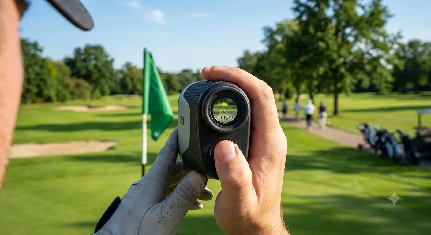 Telemetro laser da golf professionale in fase di test e misurazione della distanza sulla bandierina di un campo da golf soleggiato.