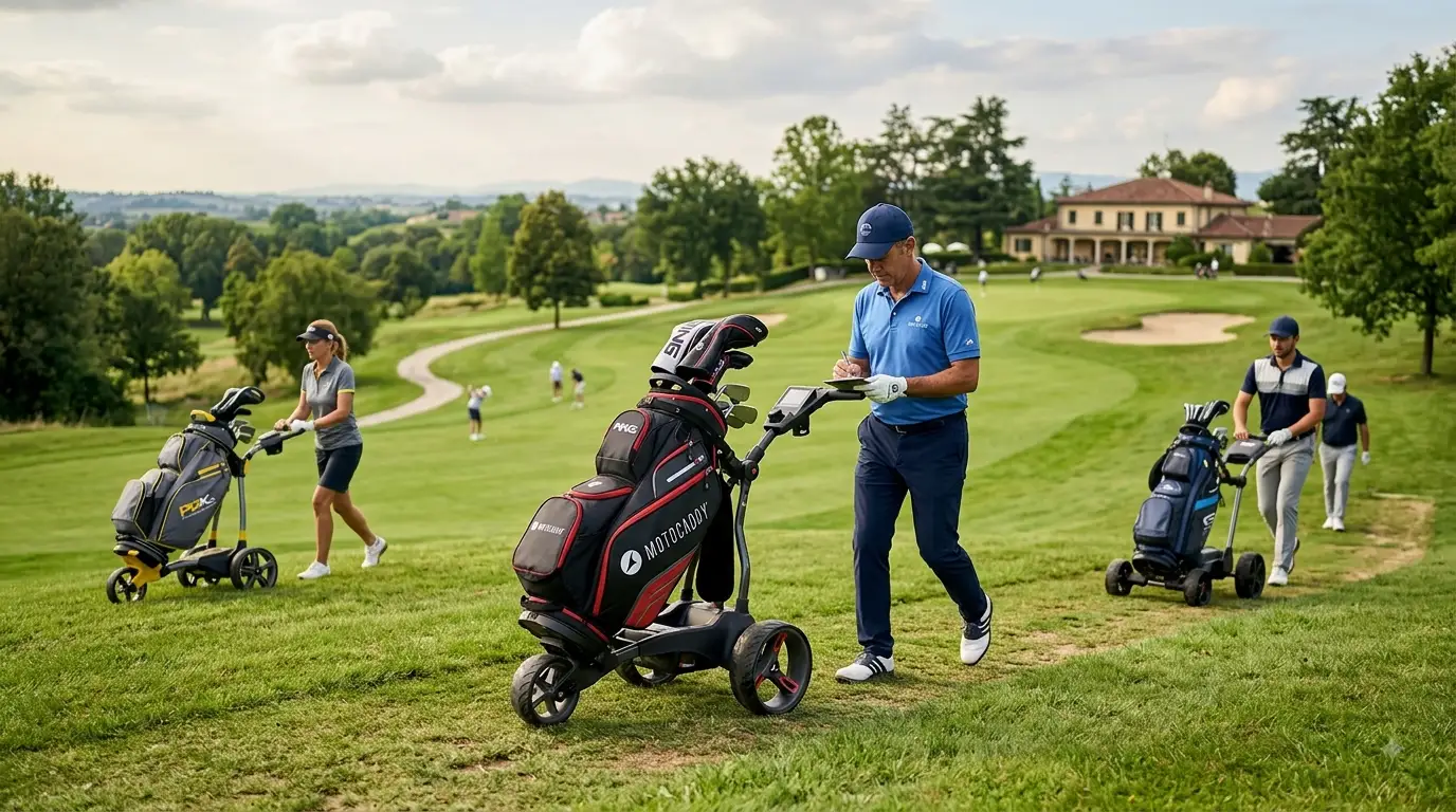 Un trolley elettrico da golf moderno testato sul campo con sacca da golf montata