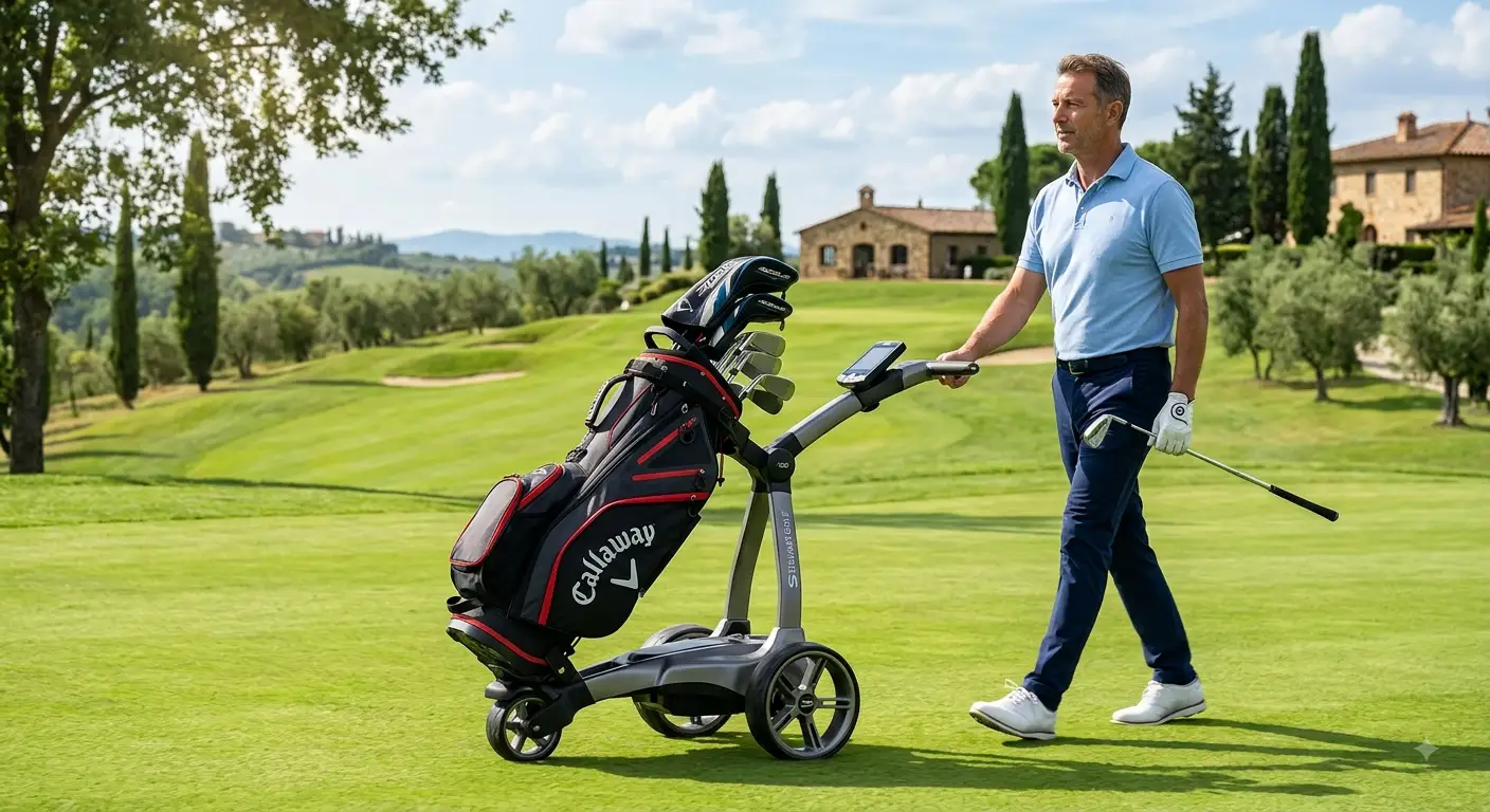 A photorealistic shot of a modern electric golf trolley (trolley elettrico golf) holding a golf bag with clubs on a lush green golf course fairway during a sunny day.