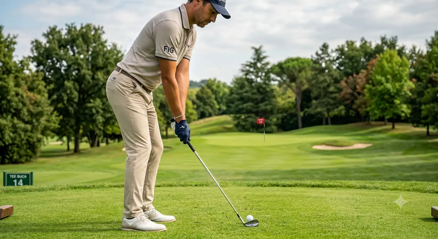 Giocatore che posiziona un pitching wedge da golf sul tee per un colpo di avvicinamento al green