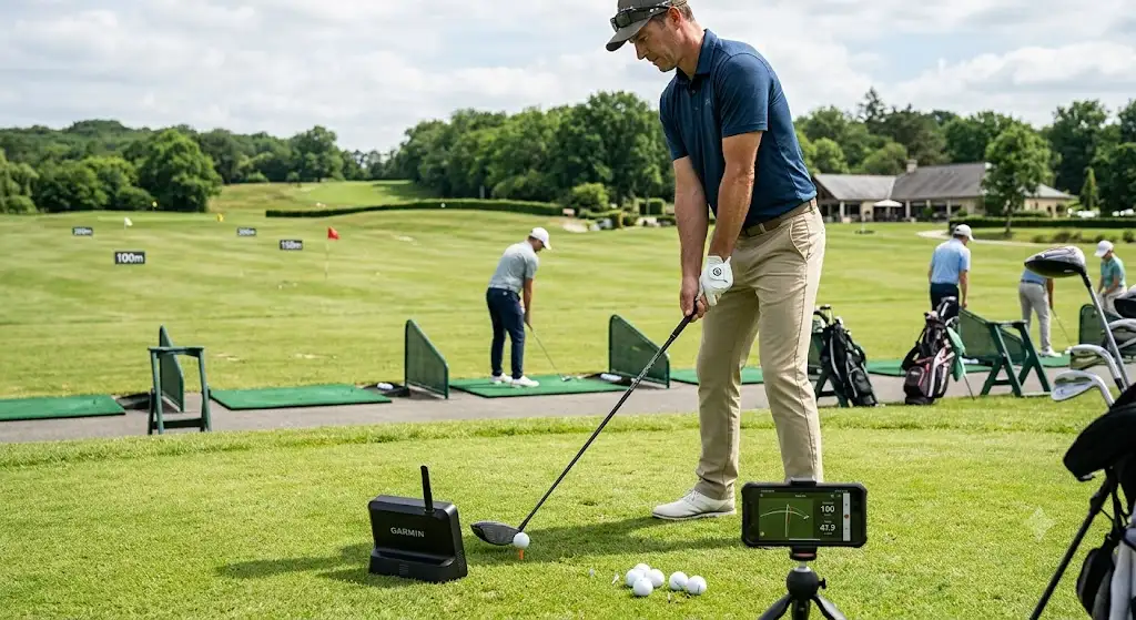 Golfiste utilisant un lanceur de balle portable launch monitor golf sur le practice pour mesurer la trajectoire