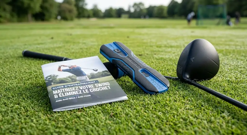 Accessoire et guide d'entraînement aide anti-crochet golf anti-slice hook posé à côté d'un driver