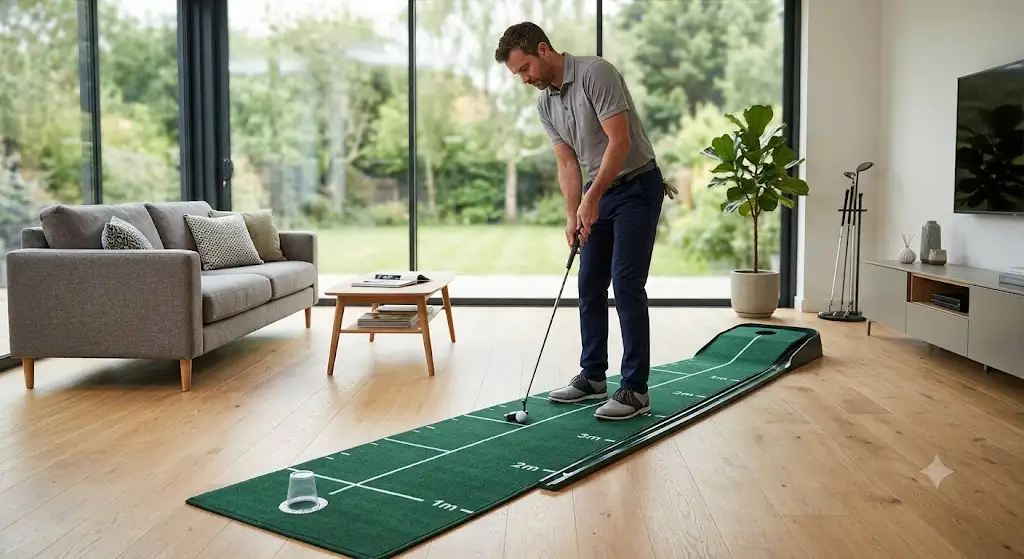 Un joueur de golf s'entraîne sur un tapis de putting intérieur golf dans un salon moderne.