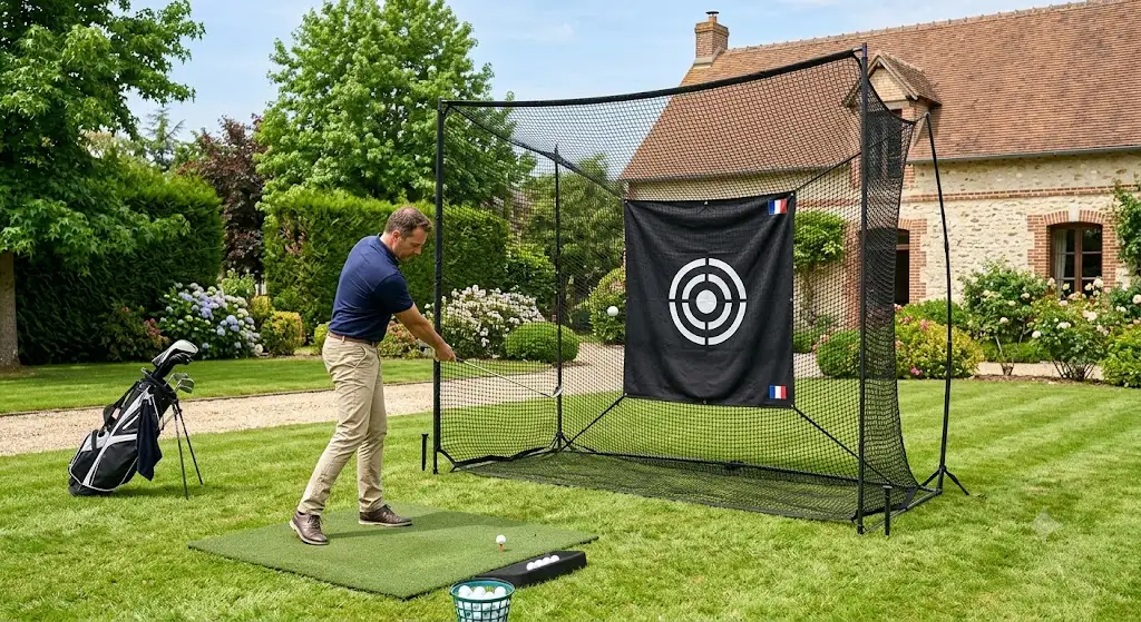 Installation d'un filet de practice de golf jardin sur gazon avec tapis de frappe.