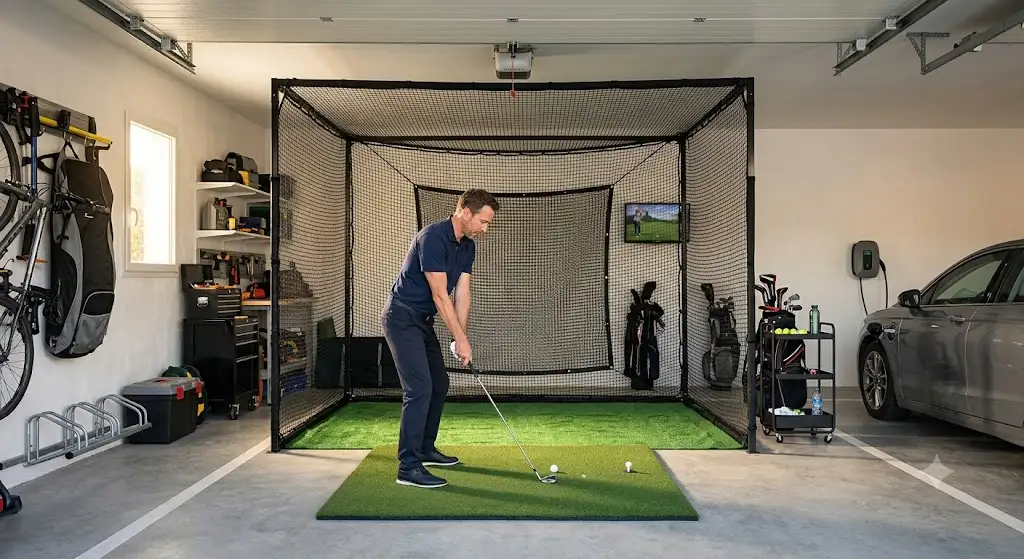Cage de practice golf pour garage installée avec filet de protection et tapis d'entraînement à la maison