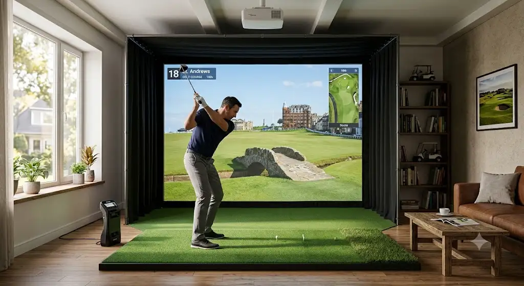 Installation d'un kit simulateur de golf complet avec écran d'impact et projecteur dans un salon