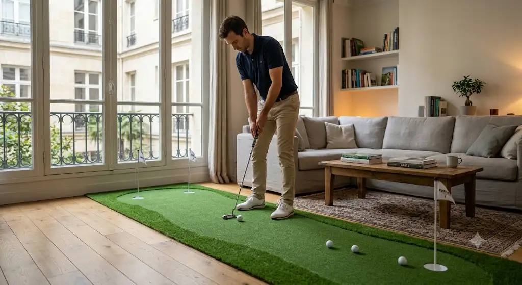 Green de putting artificiel intérieur installé dans un salon moderne lumineux avec un joueur s'entraînant au putter