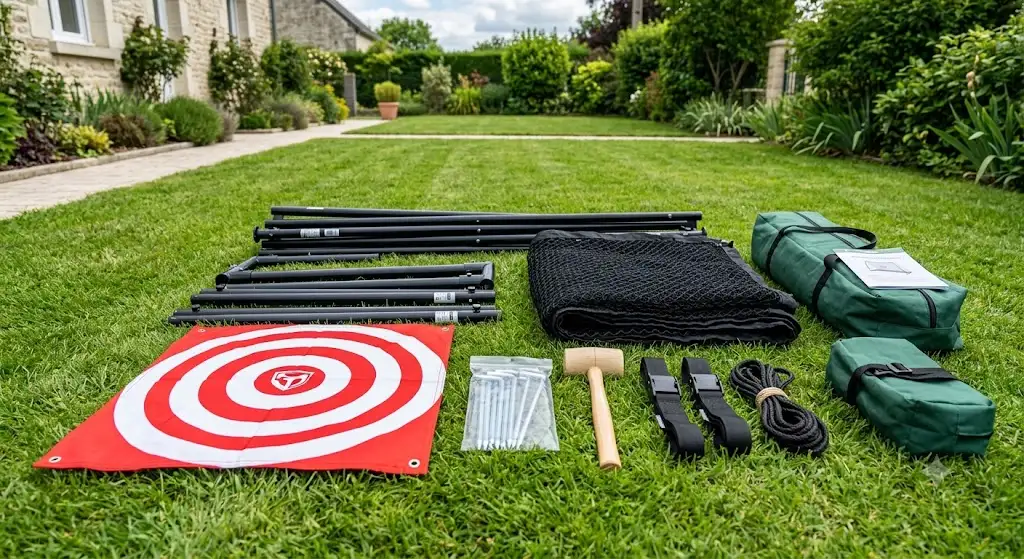 Kit complet de golf comprenant la structure métallique, la cible et le filet de practice à installer au jardin. (comment installer un filet de practice au jardin)