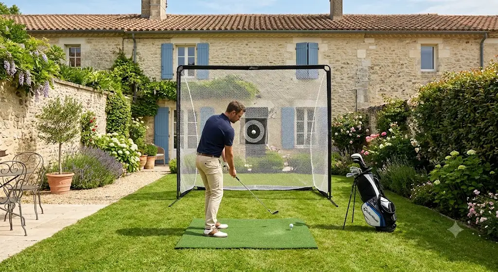 Installation d'un filet de practice de golf compact sur la pelouse d'un petit jardin français de maison de ville practice de golf pour petit jardin français