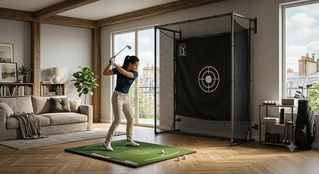 Aménager un coin golf en appartement avec un filet d'impact discret dans le salon