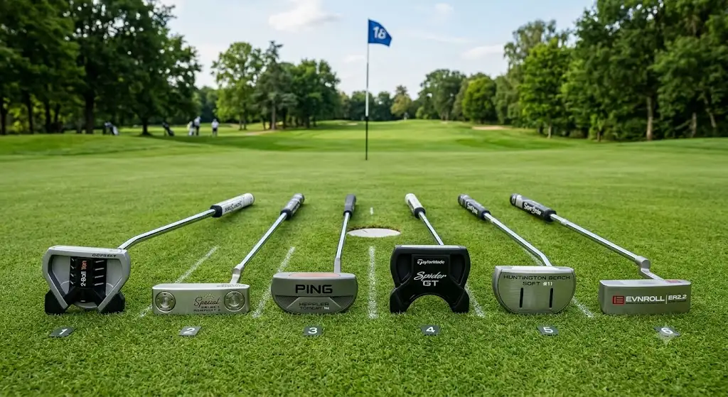 test putters de golf avis comparatif sur plusieurs modèles alignés sur le green