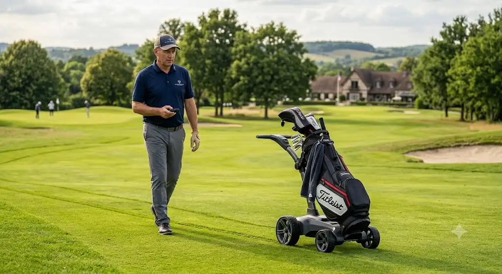 Golfeur utilisant un chariot électrique télécommandé sur le fairway d'un parcours de golf en France test chariots électriques de golf avis