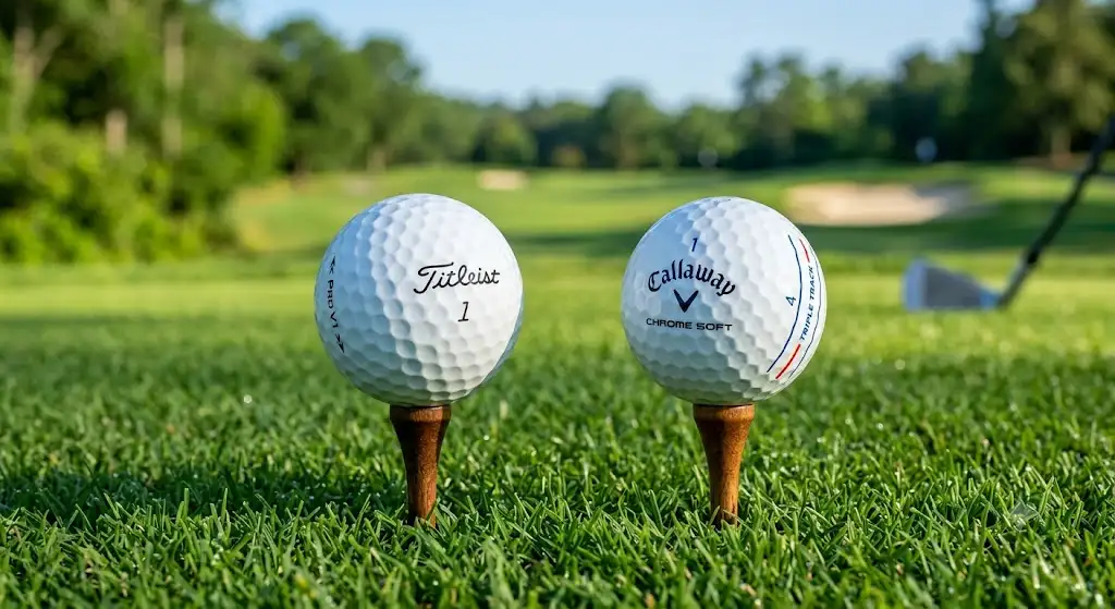 Comparatif côte à côte entre les balles de golf Titleist Pro V1 vs Callaway Chrome Soft sur un tee de départ.