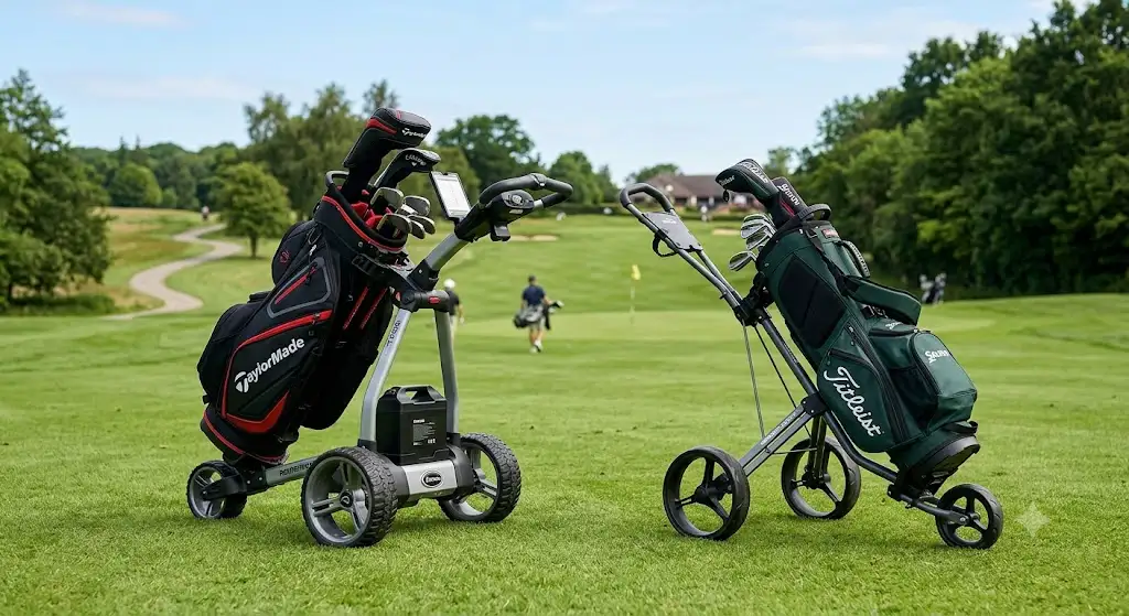 Comparatif visuel entre un chariot électrique et un chariot manuel de golf sur le fairway. (chariot électrique vs chariot manuel golf)
