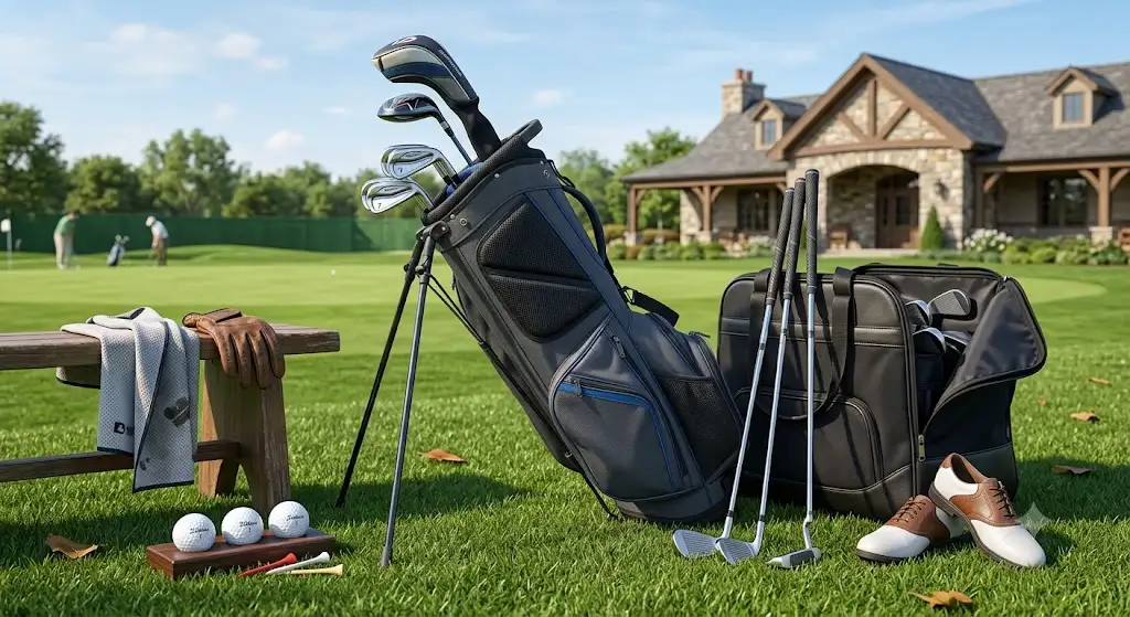 Illustration du matériel essentiel dans ce guide complet du golf pour débutants avec sacs, clubs et balles