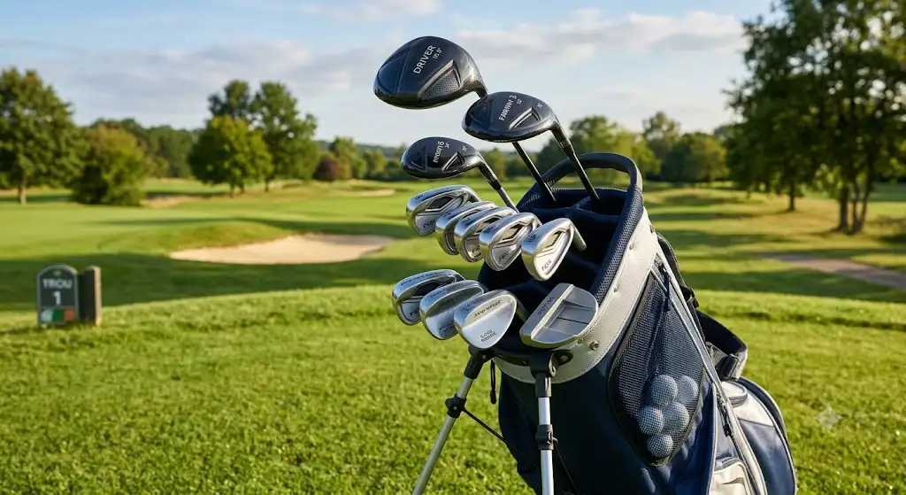Sélection de clubs de golf essentiels dans un sac pour débuter sur le parcours. (quels clubs acheter quand on débute le golf)