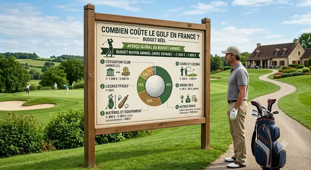 Infographie montrant combien coûte le golf en France budget réel annuel.