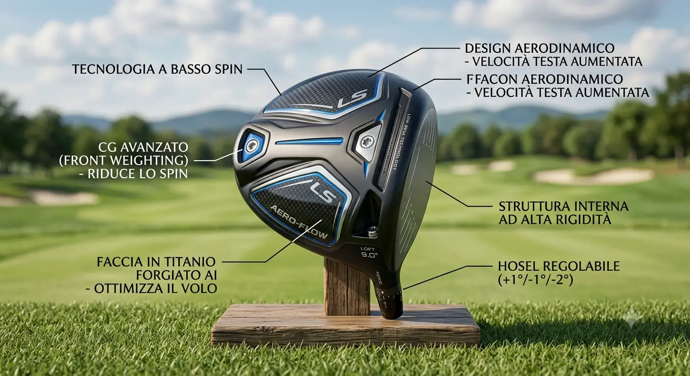 Illustrazione di un driver a basso spin per il golf con indicazione delle caratteristiche principali della testa
