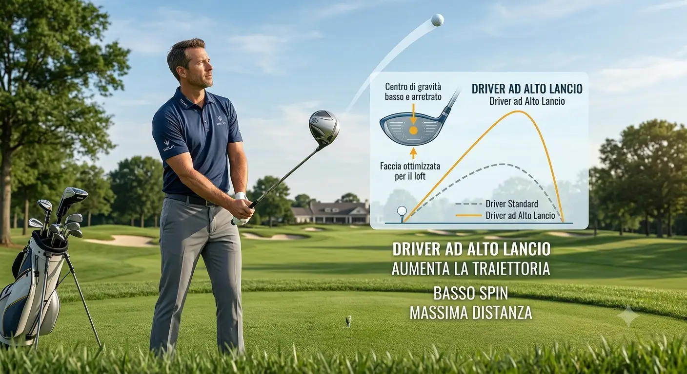 Illustrazione del concetto di driver ad alto lancio per aumentare la traiettoria di palla nel golf